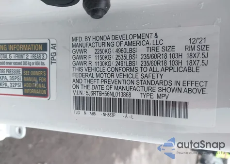 2022 Honda Cr-V Hybrid Ex from USA, damaged, VIN 5J6RT6H56NL013868